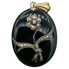 Antique Victorian Black Onyx Locket Necklace Flower Motif Gold Pearl, Circa 1860
