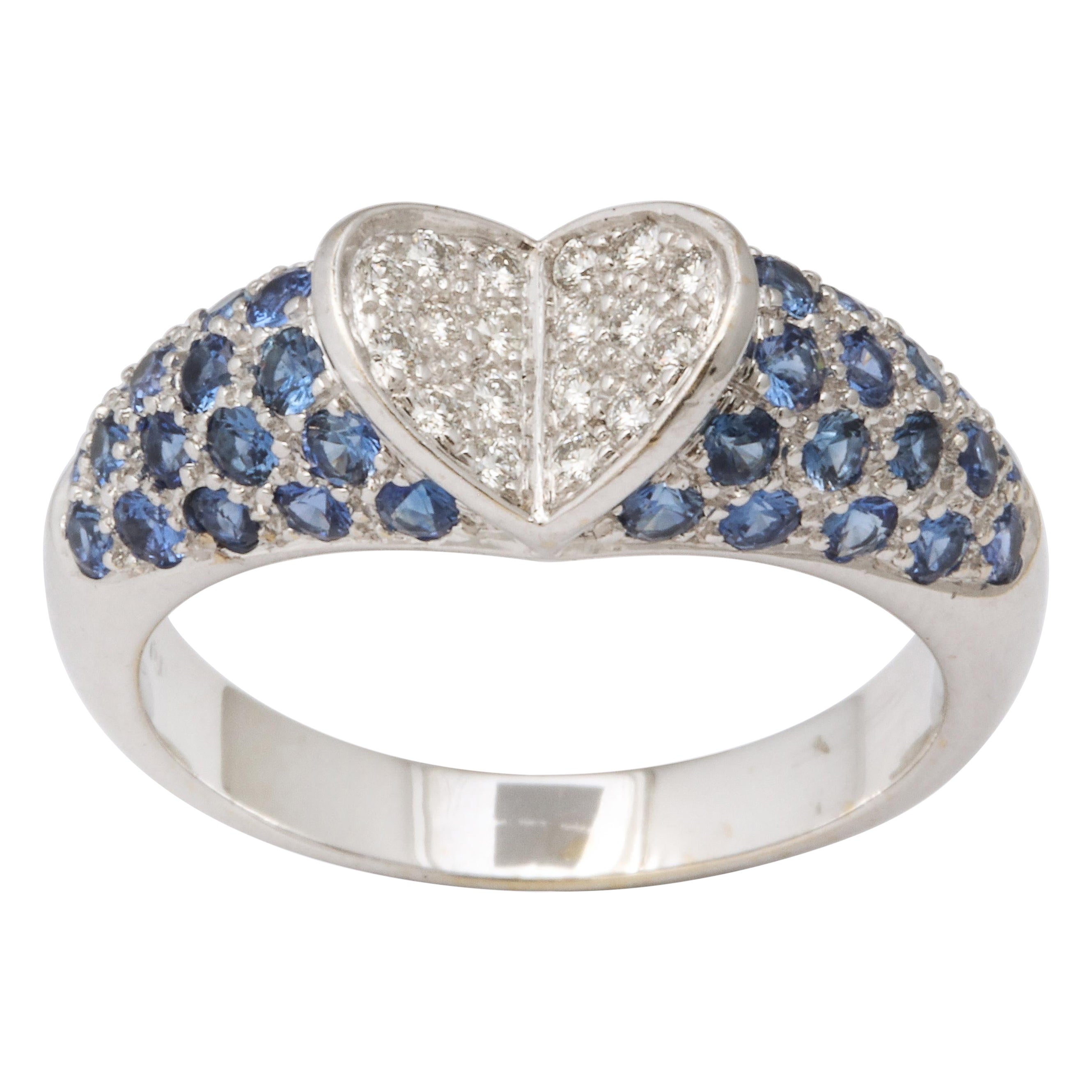 Blue Sapphire and Diamond Heart Ring For Sale