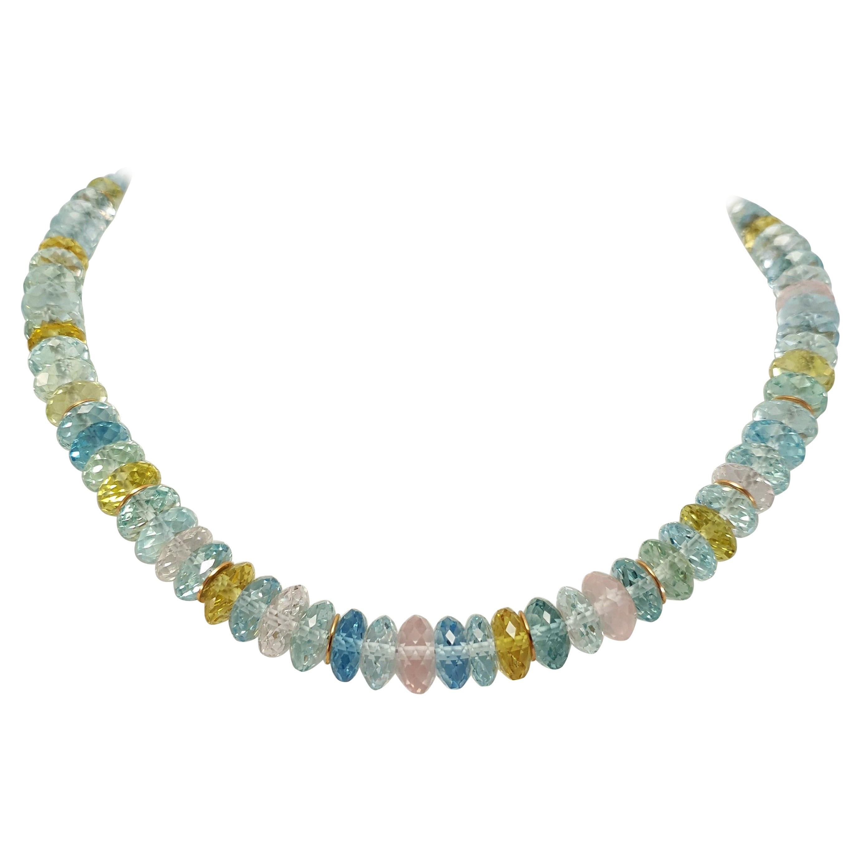 This Natural Faceted Multicolour Beryl Rondel Beaded Necklace with 18 Carat Rose Gold is totally handmade. Cutting as well as goldwork are made in German quality. The screw clasp is easy to handle and very secure. 
Timeless and classic design