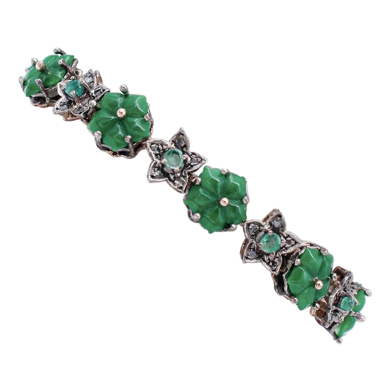 Green Agate Flowers, Emeralds, Diamonds, 9 Karat Rose Gold and Silver Bracelet For Sale