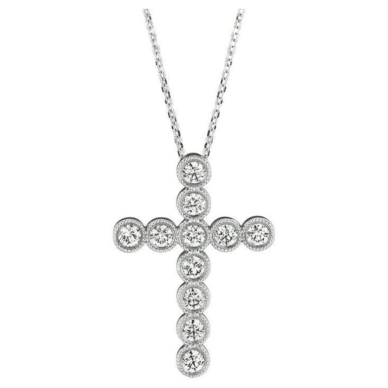 0.34 Carat Natural Diamond Cross Necklace 14K White Gold G SI For Sale