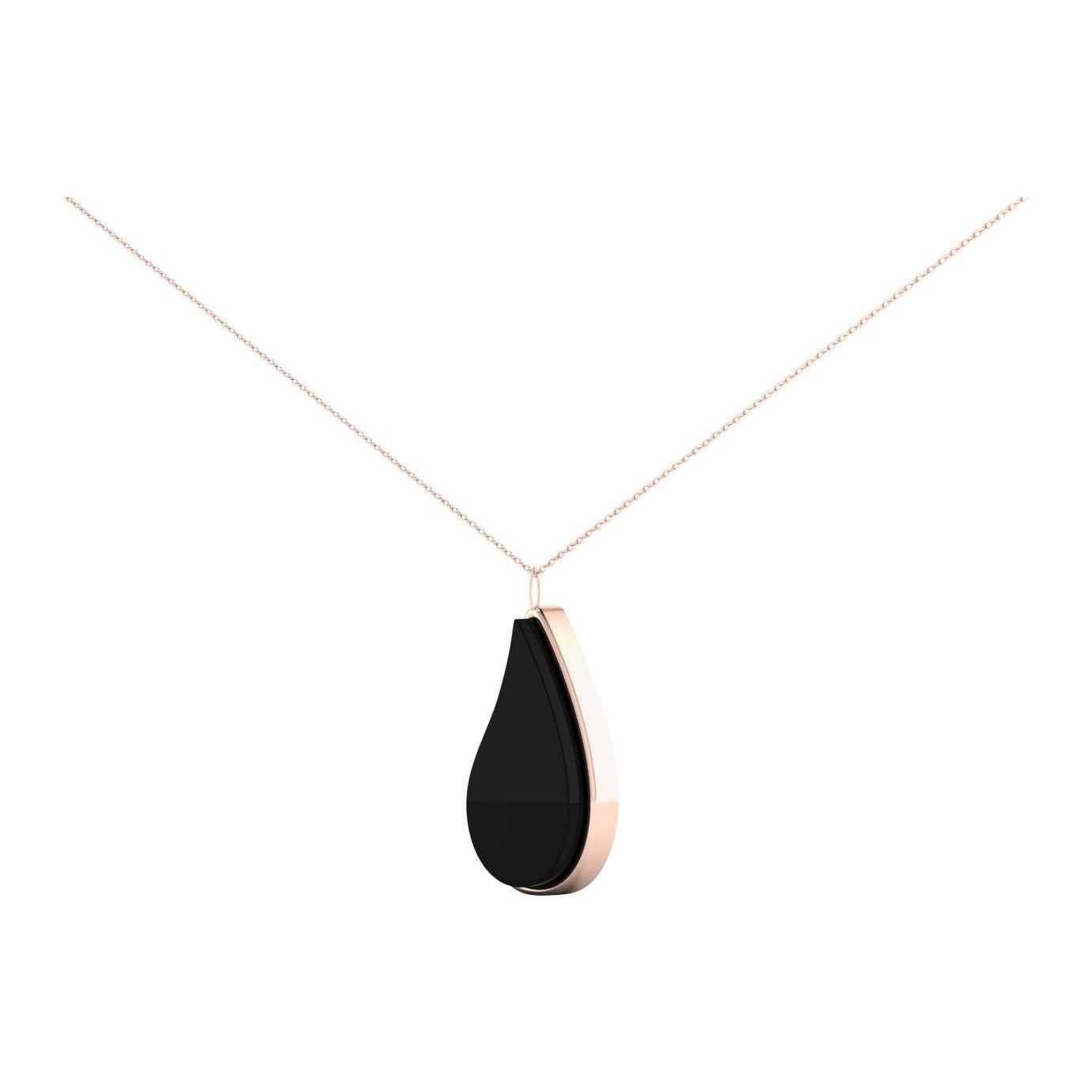 Onyx Teardrop Pendant Encased in Rose Gold on an 18k Gold Chain For Sale