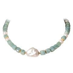 Aquamarine, Pearl and 22K Gold Beaded Necklace by Deborah Lockhart Phillips