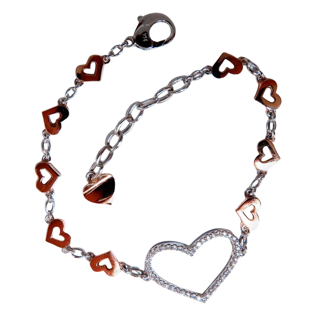 .36 Carat Natural Diamonds Wide Heart Linked Bracelet 14 Karat Two Tone For Sale