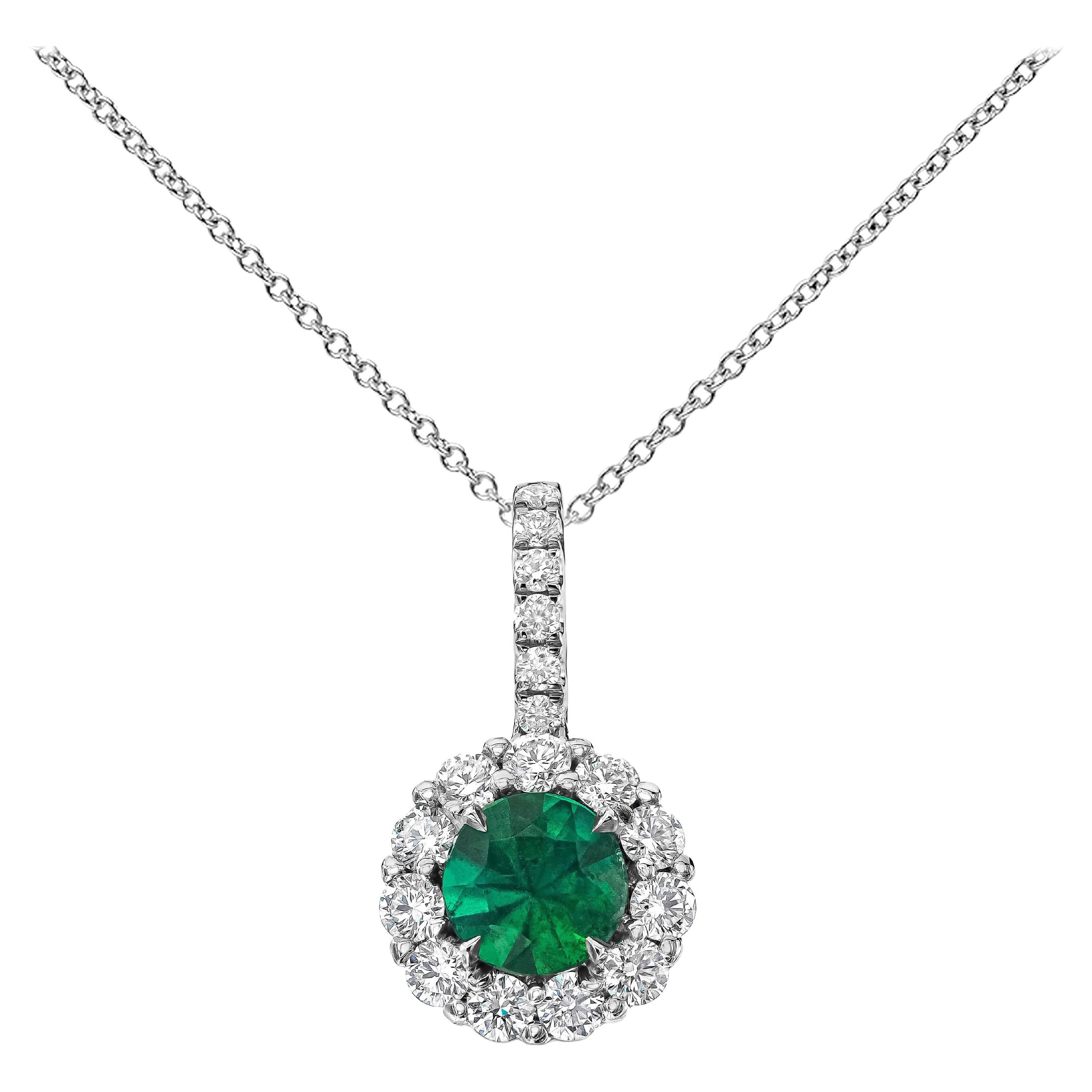 Roman Malakov, Round Emerald and Diamond Halo Pendant Necklace