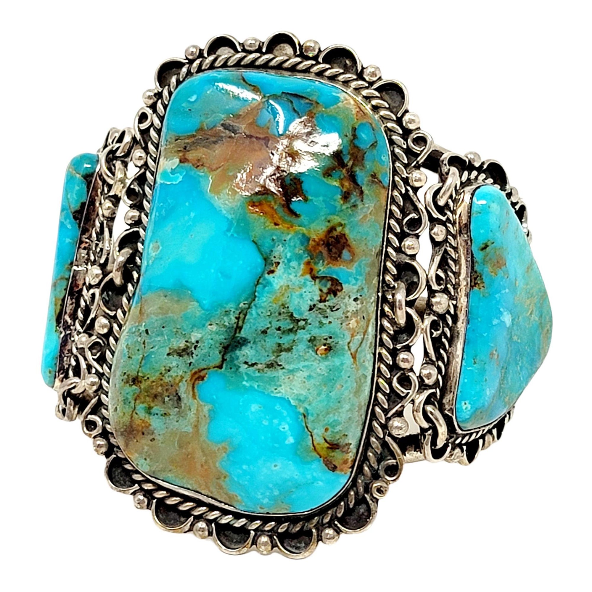 M. Weahkee Oversize Sterling Silver and Natural Turquoise Navajo Cuff Bracelet