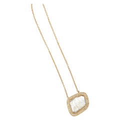 Natural Diamond Slice and Diamond Halo Pendant Necklace 18K Yellow Gold