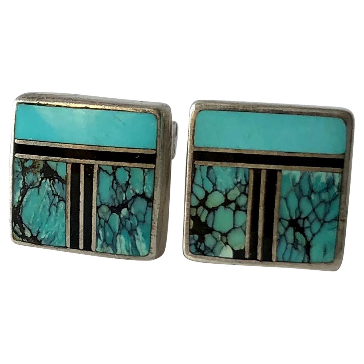 Ray Tracey Native American Sterling Silver Turquoise Inlay Cufflinks