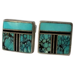Vintage Ray Tracey Native American Sterling Silver Turquoise Inlay Cufflinks