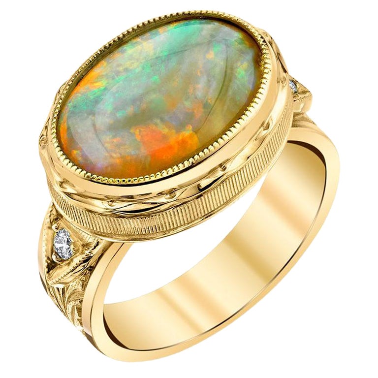 3.00 Carat Australian Opal and Diamond Band Ring in 18k Yellow Gold