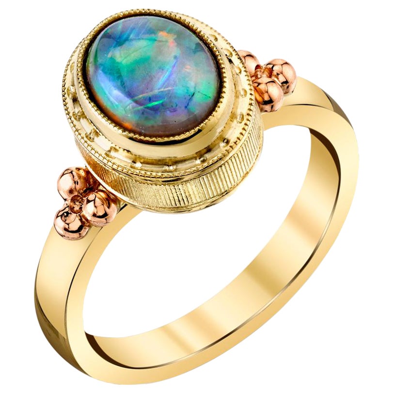 Black Opal and 18k Yellow Gold Handmade Band Ring  For Sale