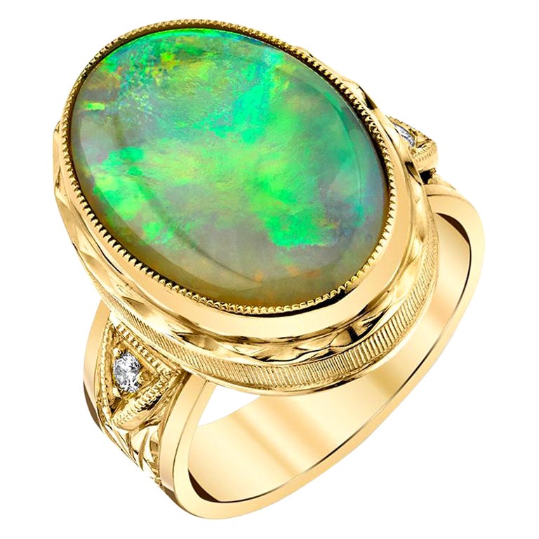 Australian Opal and Diamond Engraved Band Ring in 18k Yellow Gold, 6.32 Carats