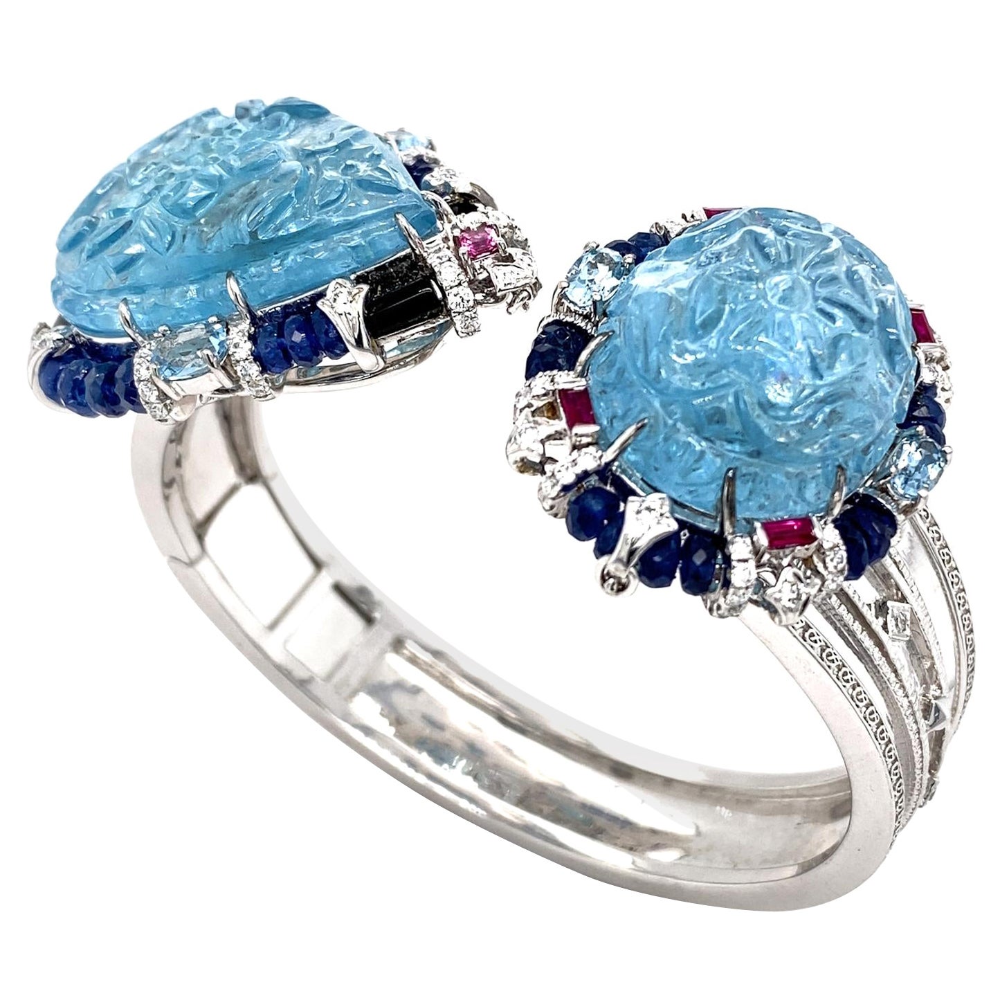 Oceanic Blooms 4-in-1 Transformable Carved Aquamarine Bangle Set by Dilys'