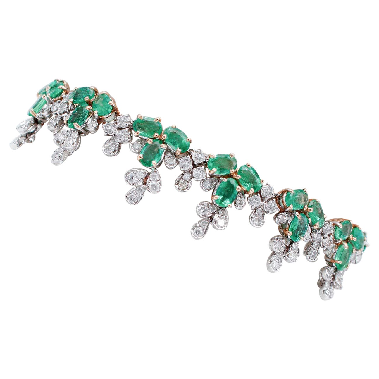 Emeralds, Diamonds, 14 Karat White and Rose Gold Bracelet For Sale
