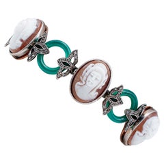 Retro Diamonds, Green Agate, Cameo, 9 Karat Rose Gold and Silver Retrò Bracelet