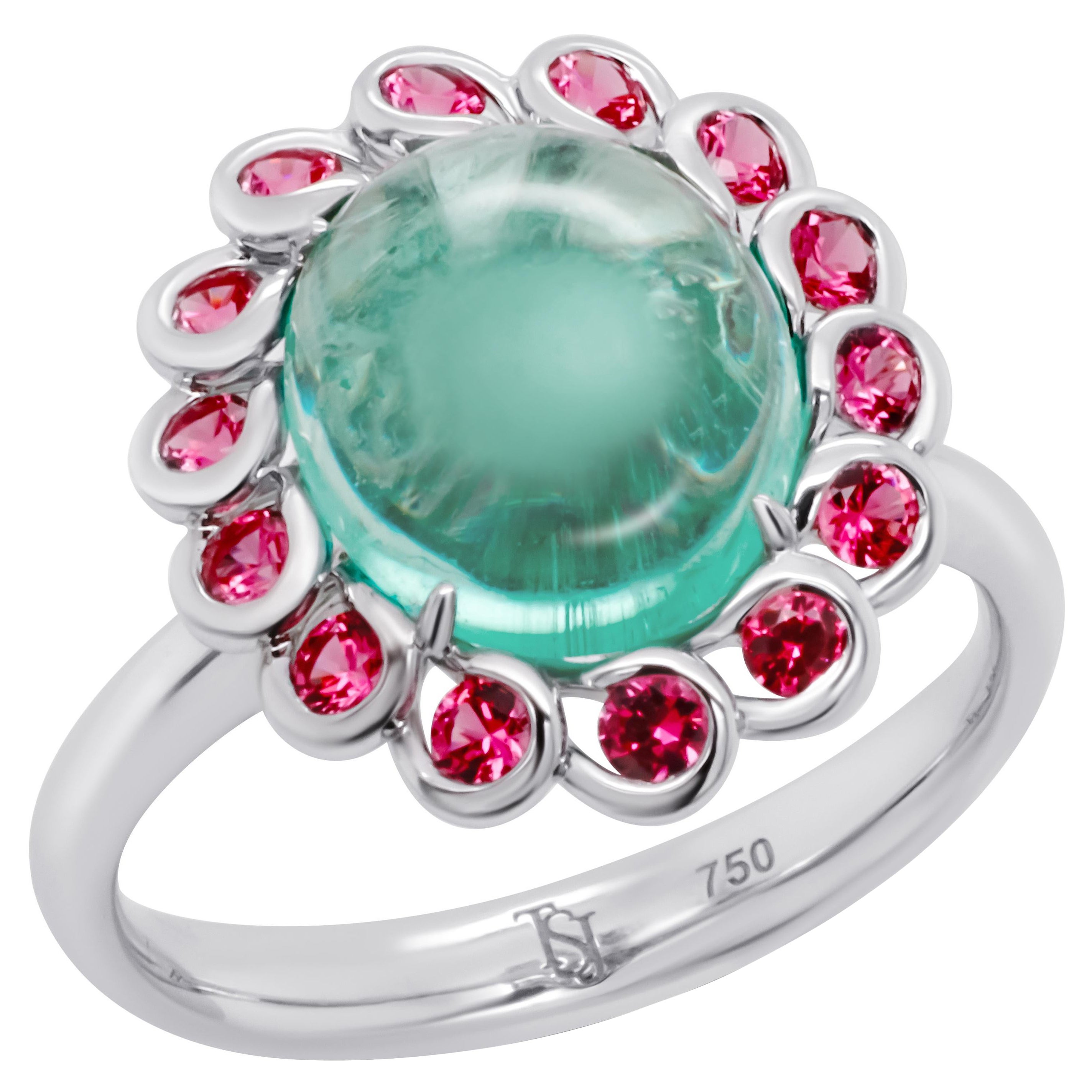 3.74 Ct Russian Emerald Cabochon and Spinel 18K Gold Ring For Sale