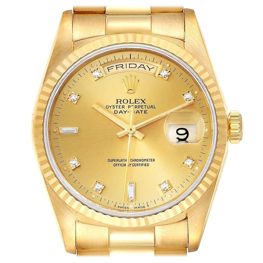 Rolex President Day-Date Yellow Gold Diamond Mens Watch 18238