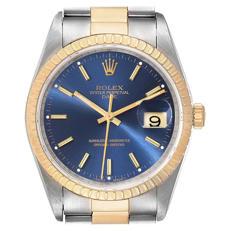 Rolex Date Steel Yellow Gold Blue Dial Oyster Bracelet Mens Watch 15223
