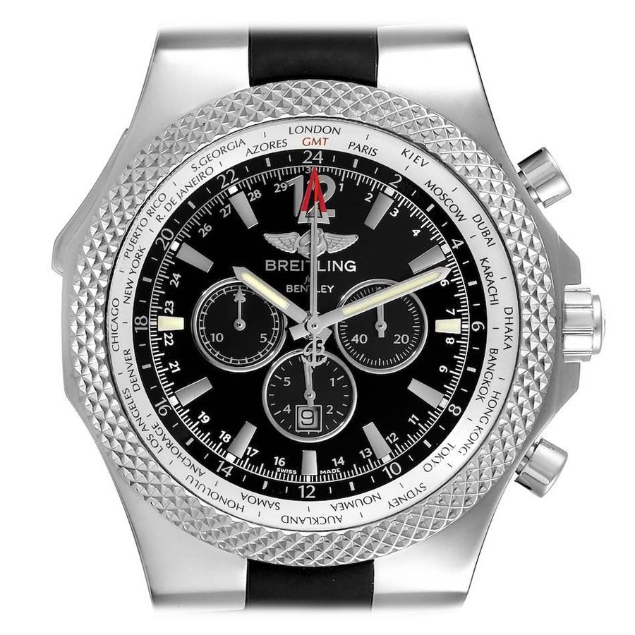 Breitling Bentley GMT Black Dial Steel Mens Watch A47362 Box Papers For Sale