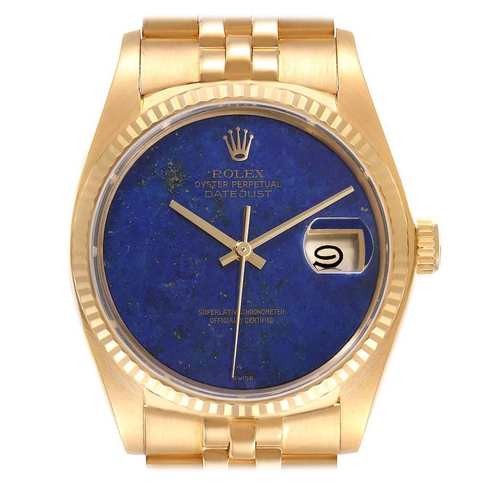 Rolex Datejust 18k Yellow Gold Lapis Lazuli Dial Vintage Mens Watch 16018