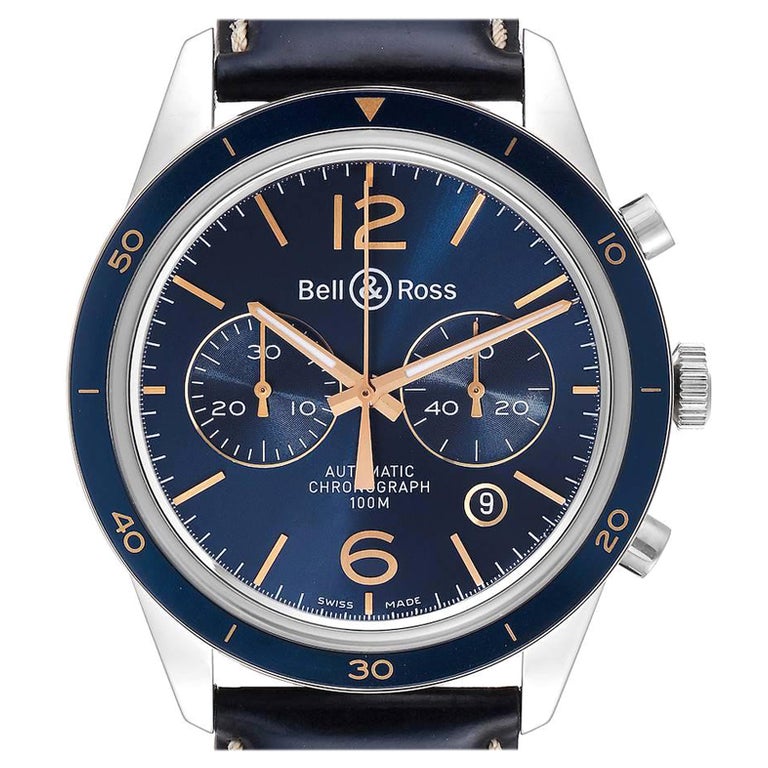 Bell & Ross Heritage Blue Dial Chronograph Steel Watch BR12694 Box Card For Sale