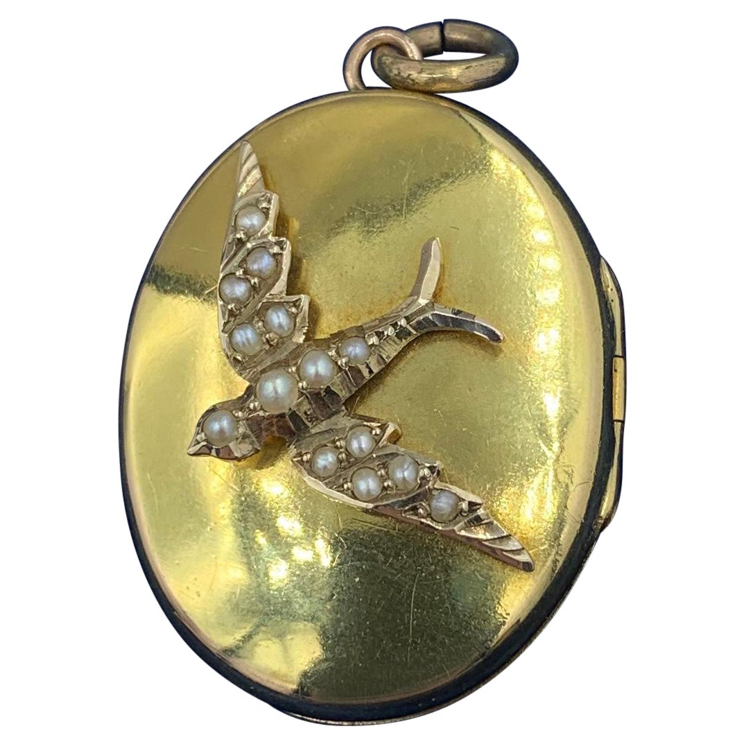 Victorian Bird Swallow Locket Pendant Necklace Pearl 14 Karat Gold