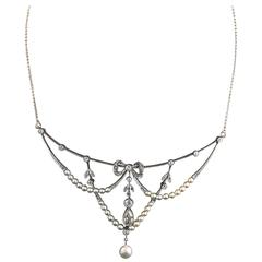 Art Deco Pearl Diamond Gold Platinum Necklace