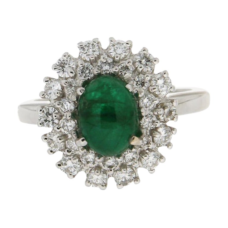 Handcraft Emerald 18 Karat White Gold Diamonds Cocktail Ring For Sale
