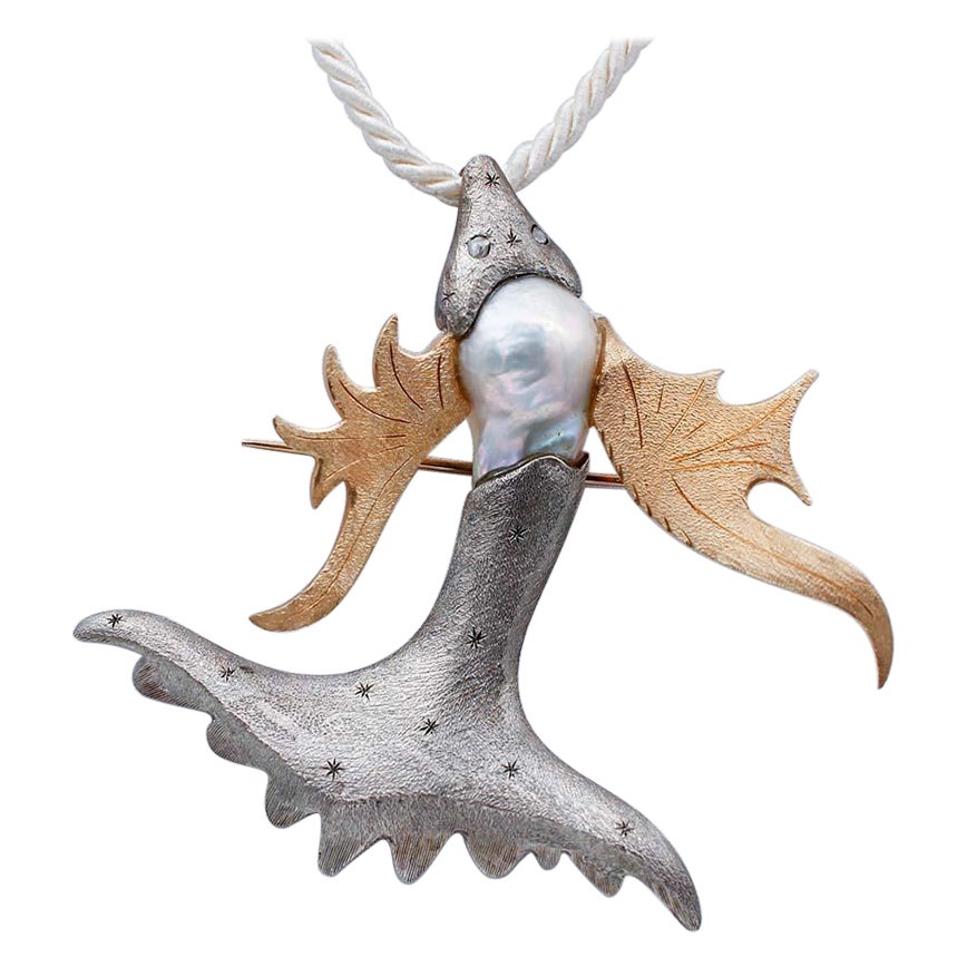 Baroque Pearl, Diamonds, 9Kt Gold and Silver Fish Shape Brooch/Pendant Necklace For Sale