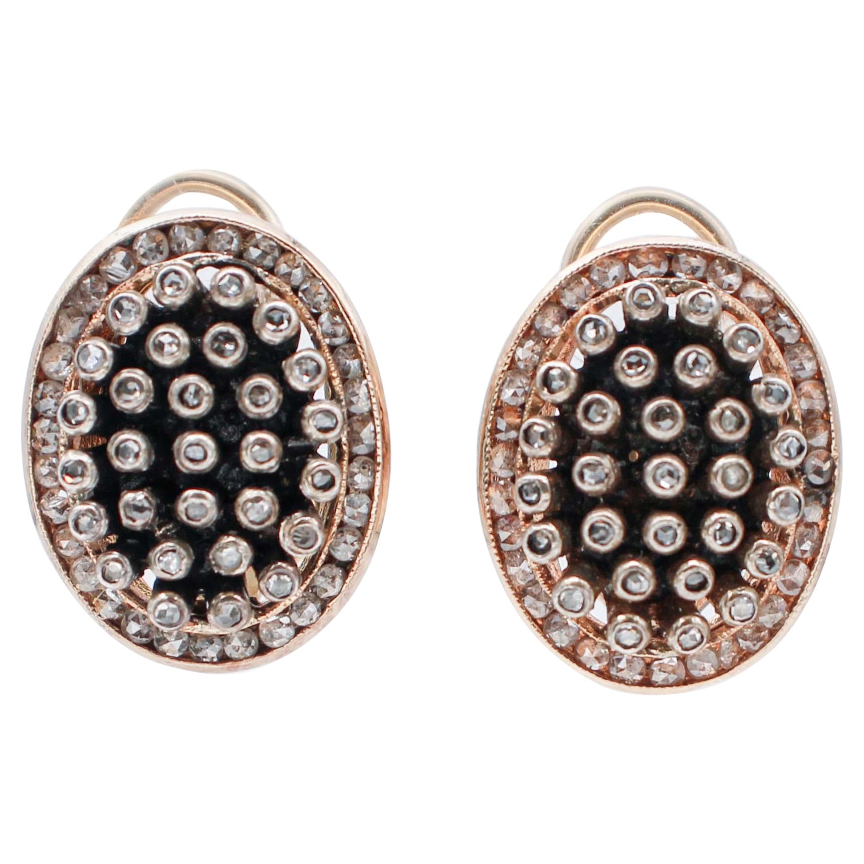 Diamonds, 14 Karat Rose Gold and Silver Stud Earrings For Sale