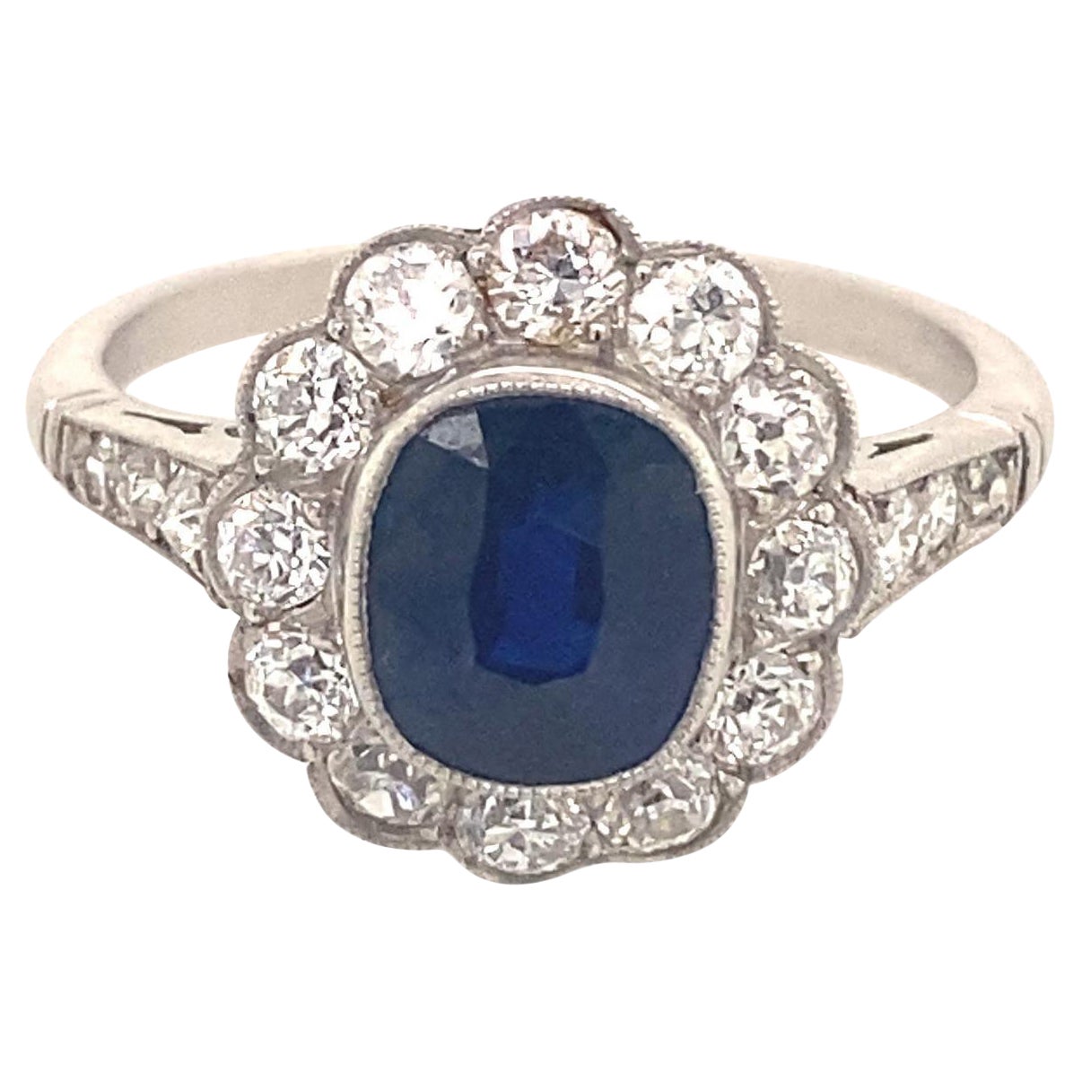 Art Deco Style 2.06 Sapphire Diamonds Platinum Ring For Sale