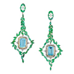 Parulina Aquamarine and Emerald Chandelier Earrings in 18K White Gold