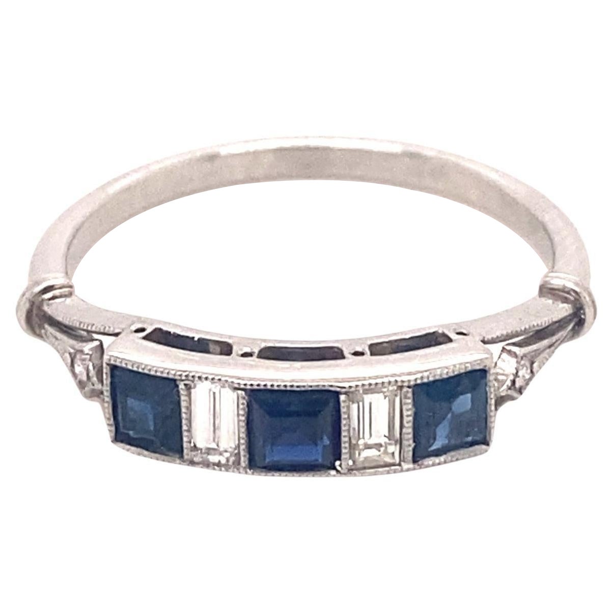 Vintage French Cut Diamonds Sapphires Platinum Band Ring For Sale