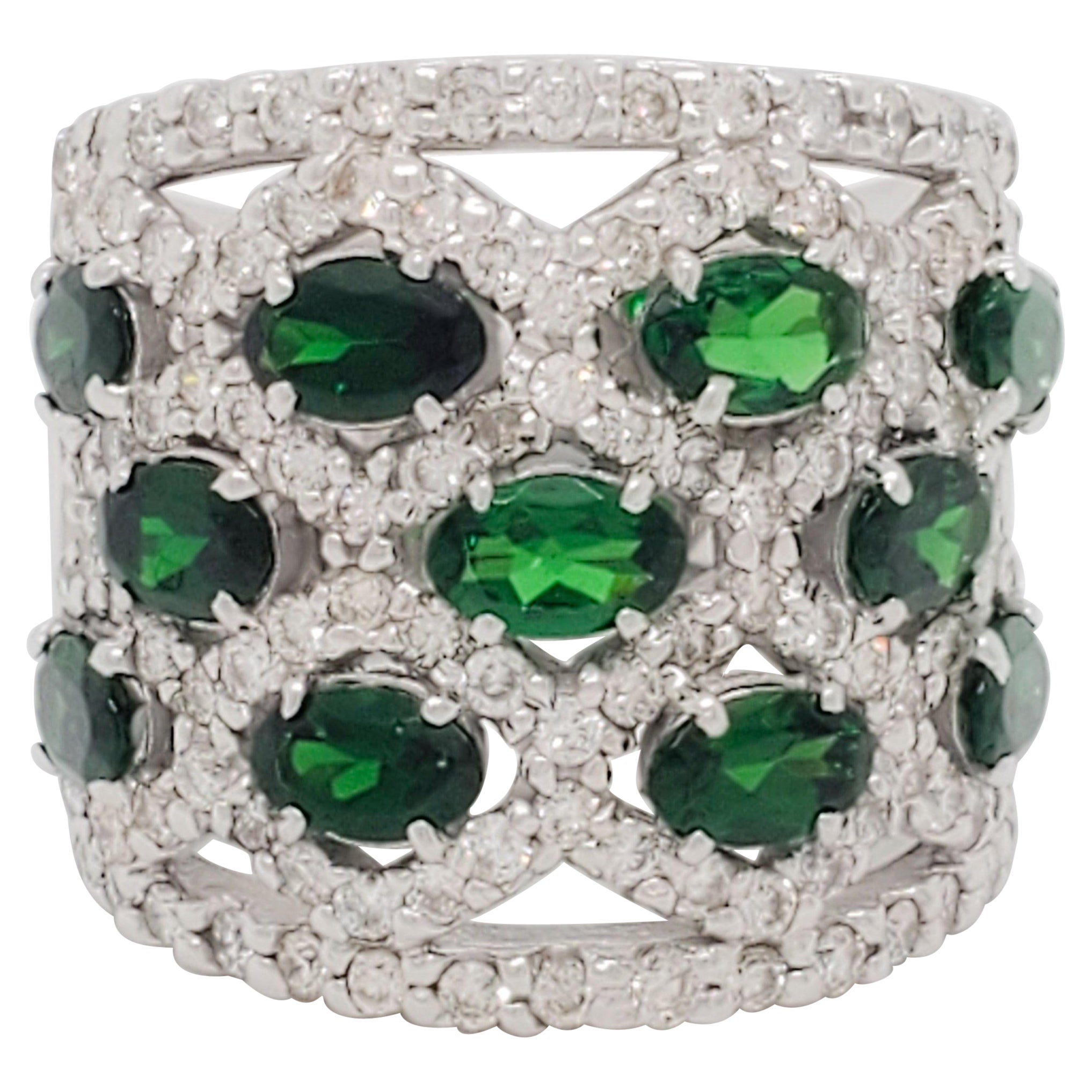 Estate Green Garnet and Whiskey Diamond Wide Cocktail Ring in 18k White Gold
