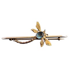 Antique Dragonfly Brooch, 9 Karat Yellow Gold, Blue Paste, Boxed