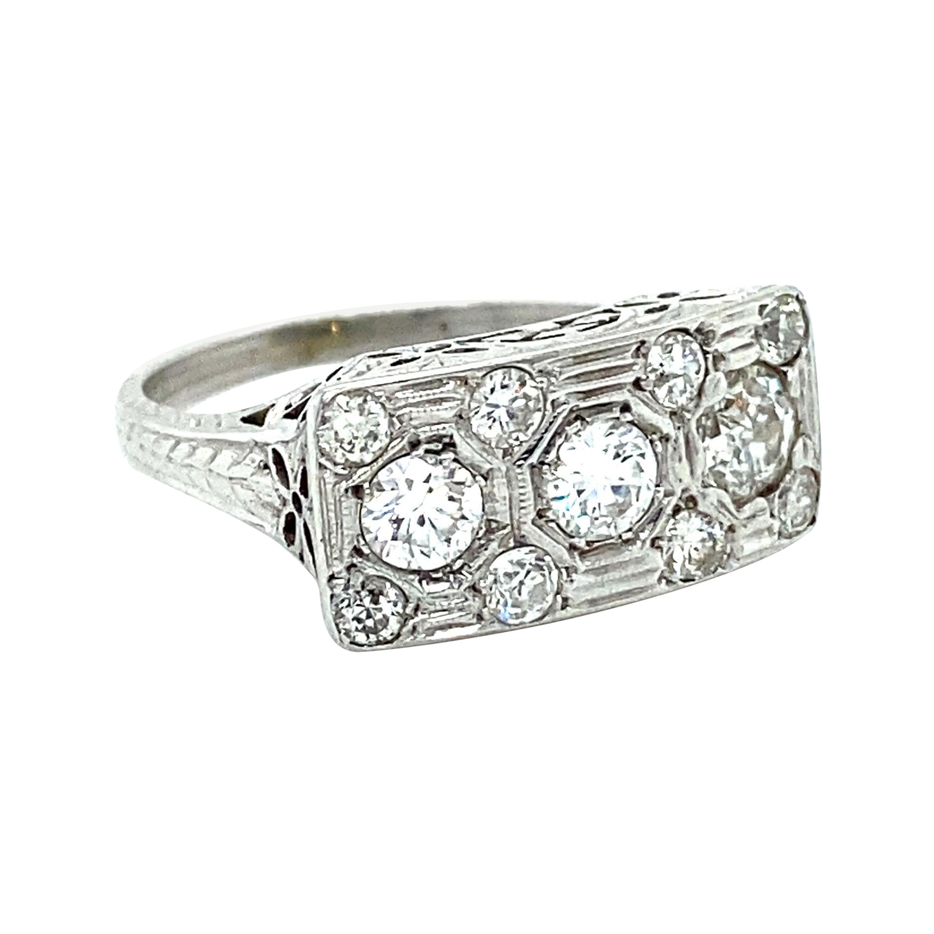 Vintage Filigree 18K White Gold Diamond Cluster Ring Engagement Ring, 1.60ct.