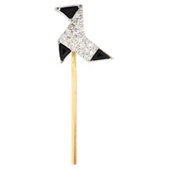 Art Deco Diamond Onyx Platinum 18 Karat Gold Bird Stickpin