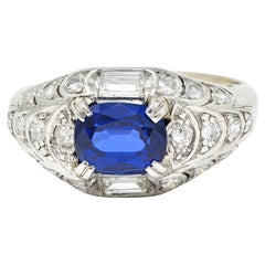 Art Deco 2.24 Car No Heat Madagascar Sapphire Diamond Platinum Scalloped Ring