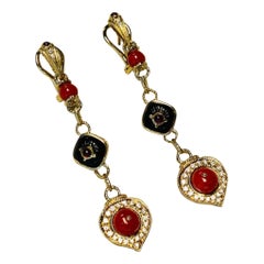 Coral, Ruby, Onyx and Diamond Dangle Earrings in Yellow Gold with French Clips