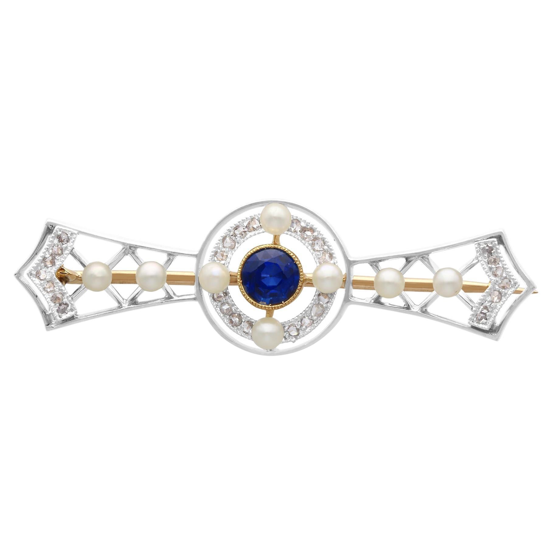 Antique Sapphire Diamond and Seed Pearl Yellow Gold and Platinum Brooch