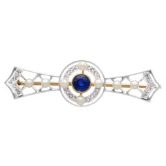Antique Sapphire Diamond and Seed Pearl Yellow Gold and Platinum Brooch