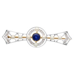 Antique Sapphire Diamond and Seed Pearl Yellow Gold and Platinum Brooch