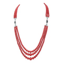 Coral, Emeralds, Diamonds, Onyx, Platinum Multi-Strands Necklace