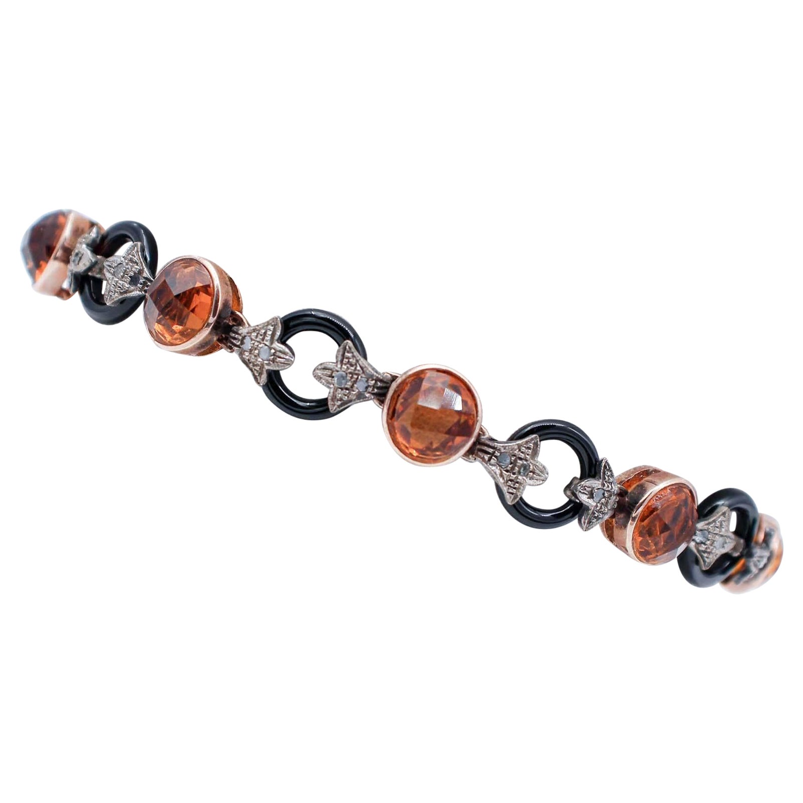 Diamonds Onyx Rings Topaz 9 Karat Rose Gold and Silver Link Bracelet