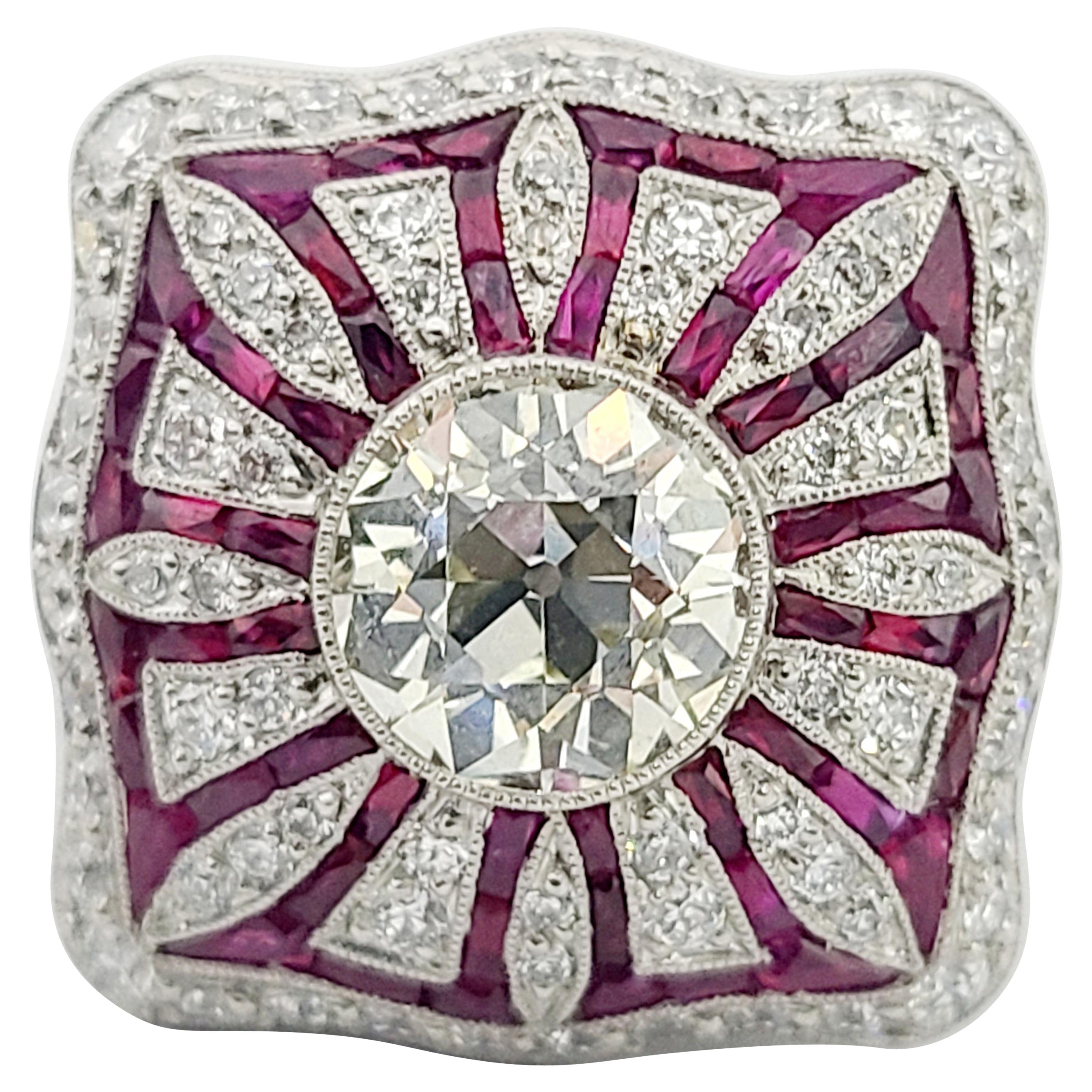 1.94ct Old Euro Cut Diamond 1.24ctw RBC Diamond 10.5g Platinum Deco Style Ring  For Sale