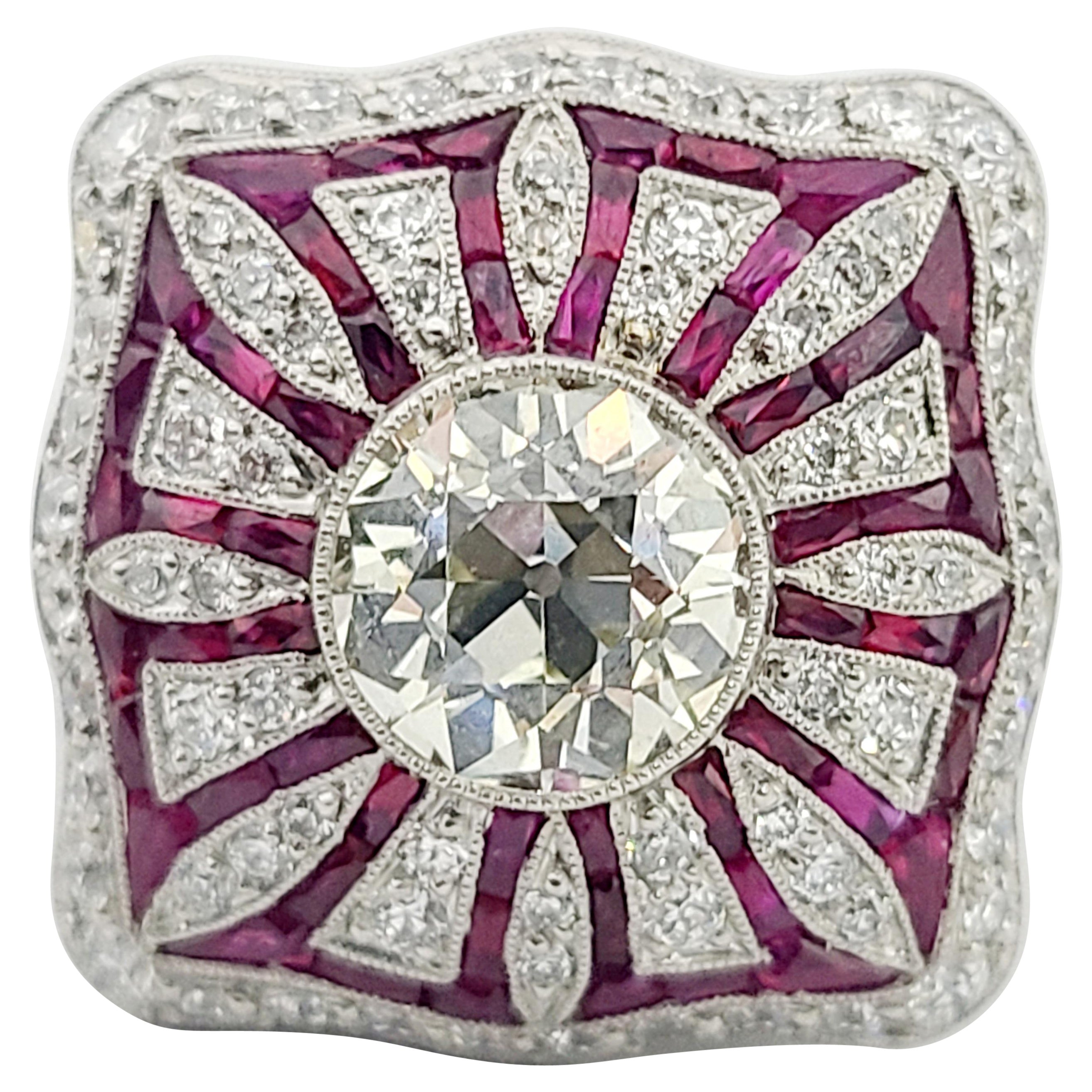 1.94ct Old Euro Cut Diamond 1.24ctw RBC Diamond 10.5g Platinum Deco Style Ring en vente