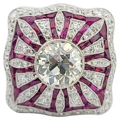 1.94ct Old Euro Cut Diamond 1.24ctw RBC Diamond 10.5g Platinum Deco Style Ring 