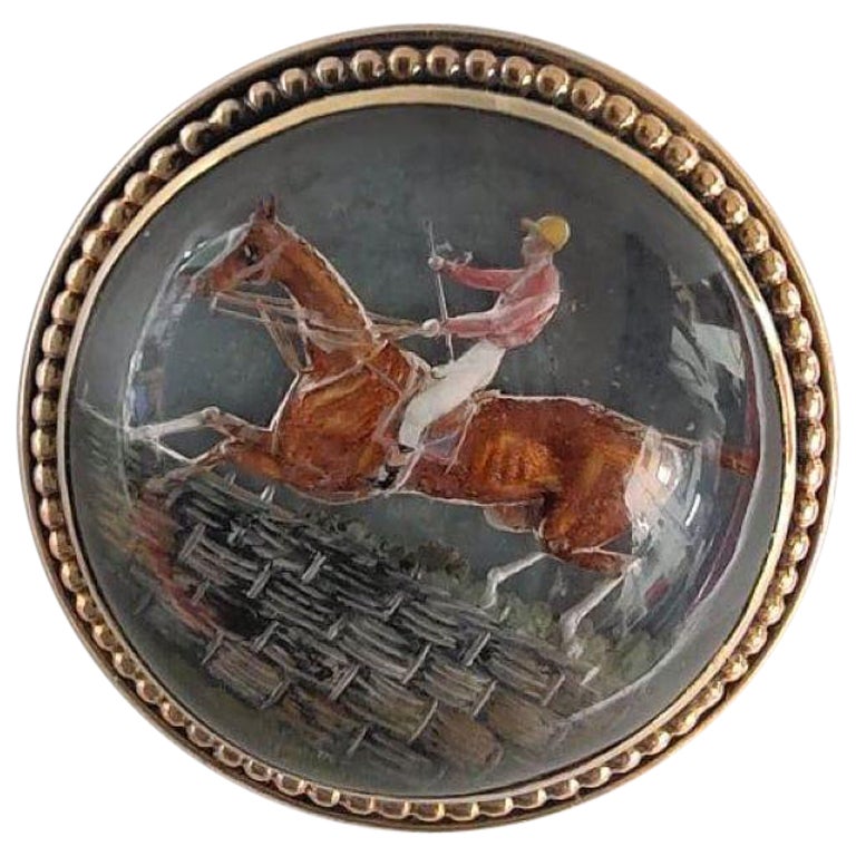 Lg Essix Crystal Reverse Painted Angtaglio 14K Gold Steeple Chase Horse Brooch For Sale