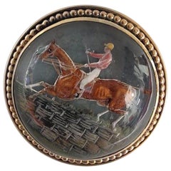 Lg Essix Crystal Reverse Painted Angtaglio 14K Gold Steeple Chase Horse Brooch