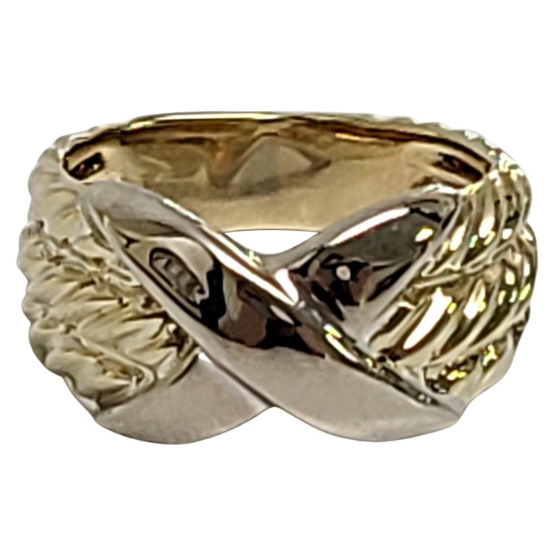 David Yurman 14K Yellow and White Gold Crossover X 3 Row Cable Ring For Sale